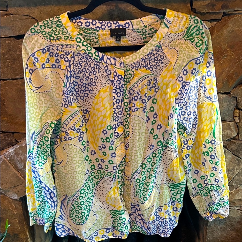 Talbots Women's Yellow, Green and Blue Paisley Lightweight Button Front M Blouse